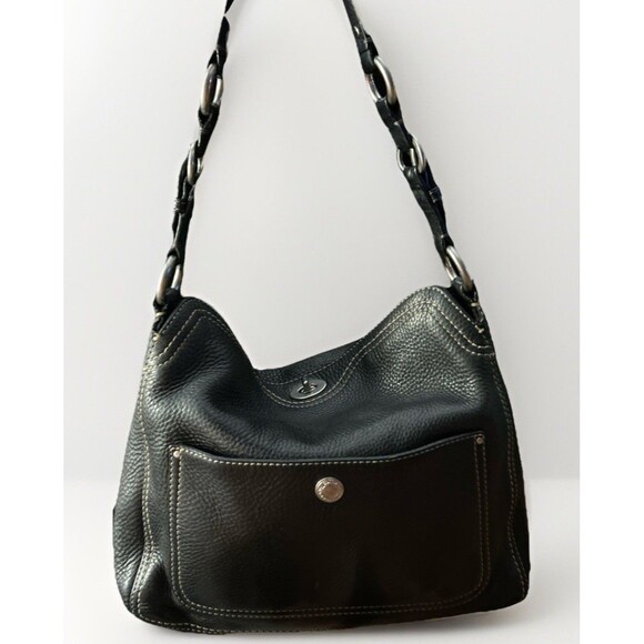 COACH Chelsea Black Pebbled Leather Silver Ring Accents Turn-Lock Bag Purse Hobo - Picture 1 of 11